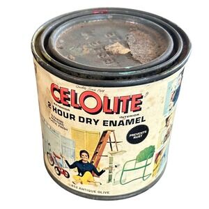 Vintage Celolite Enamel Paint Can Antique Olive MidCentury Prop Decor Movie Prop
